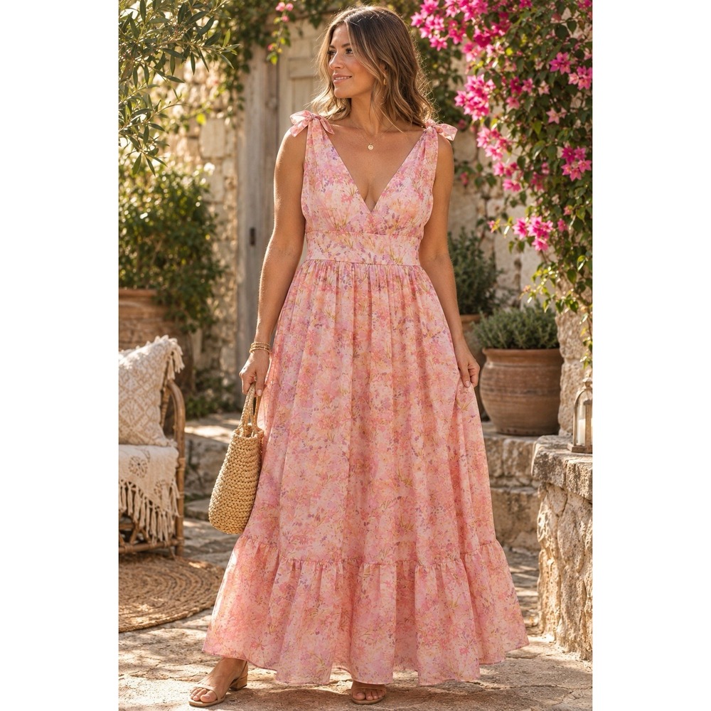 Lulus Stella Cottagecore Coquette M Floral Organza Maxi Dress Tie Shoulder PP55